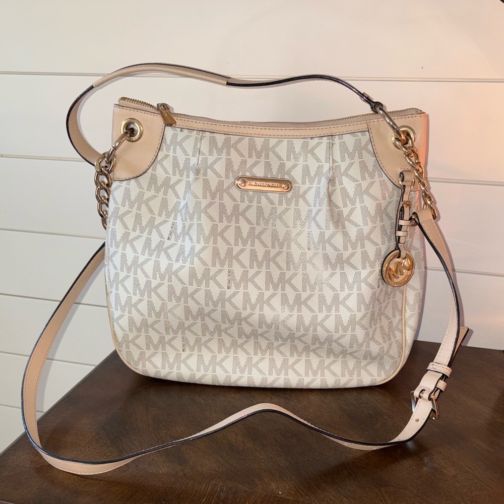 Michael Kors White and Tan Shoulder Bag with Signature MK Logo